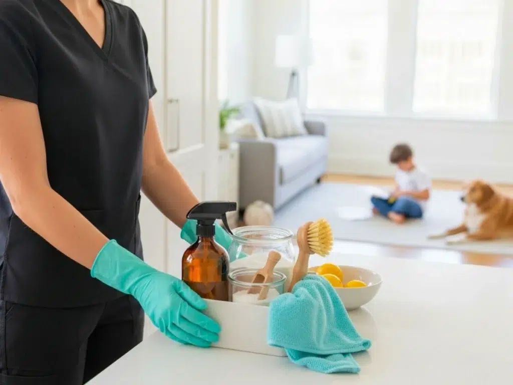 Carrito de limpieza ecológico con botella rociadora color ámbar, frasco de bicarbonato de sodio, cepillo de madera y paños de microfibra color verde azulado en una cocina de Staten Island, con un niño y un perro relajándose en el fondo.
