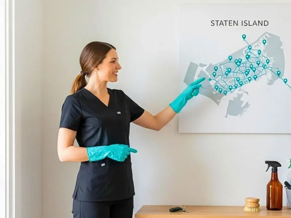 Dos limpiadores profesionales con uniformes negros señalan un mapa de Staten Island sin etiquetar y con alfileres verde azulado en una entrada luminosa, con un carrito ecológico y llaves del auto en la consola.