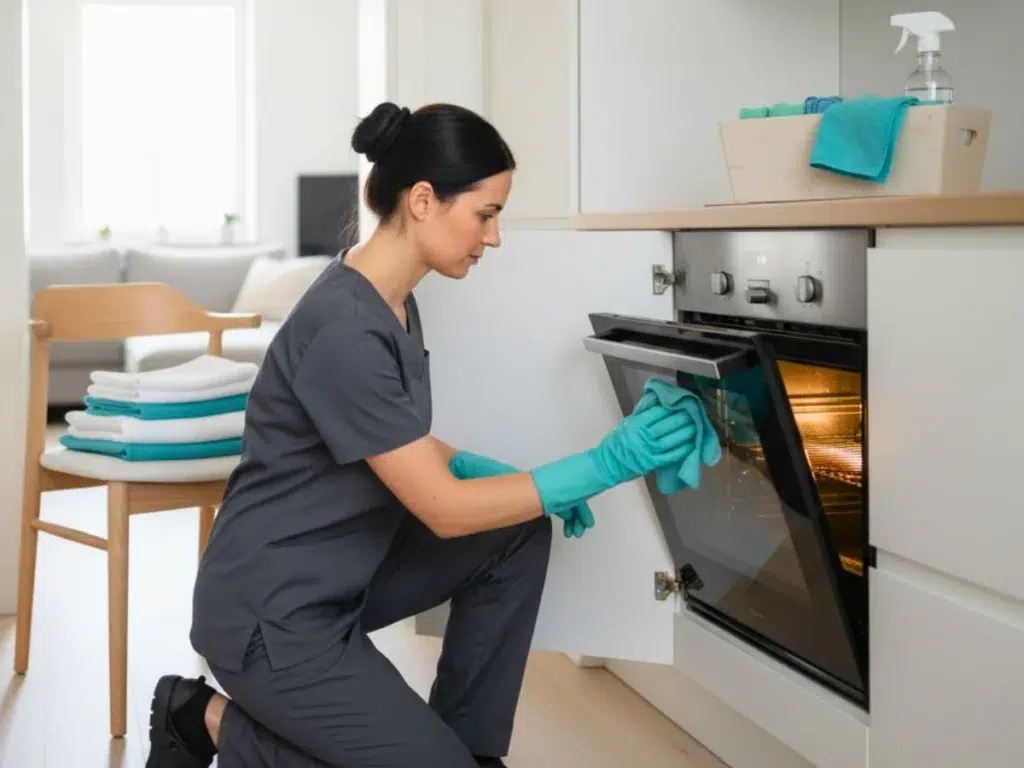 Un limpiador profesional de negro frota los zócalos y el marco de la puerta con microfibra verde azulado en una cocina luminosa de Staten Island, con interiores de gabinetes, vidrios de horno y sábanas dobladas visibles.