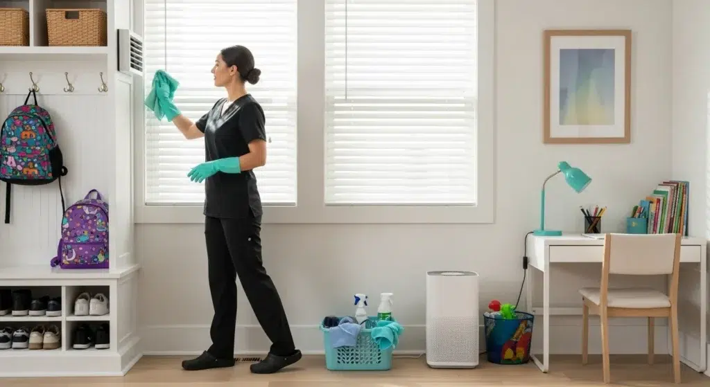 Limpiador profesional limpiando persianas y un respiradero con un paño de microfibra color verde azulado en una casa de Staten Island, con una entrada organizada y un rincón de estudio para niños a la vista.