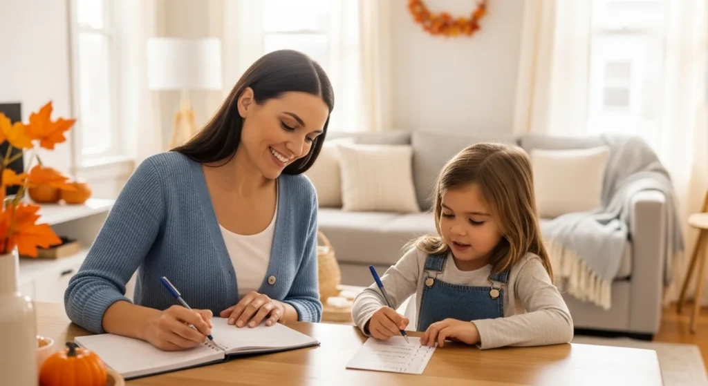 Mother and daughter planning fall cleaning schedule together in a cozy Staten Island home