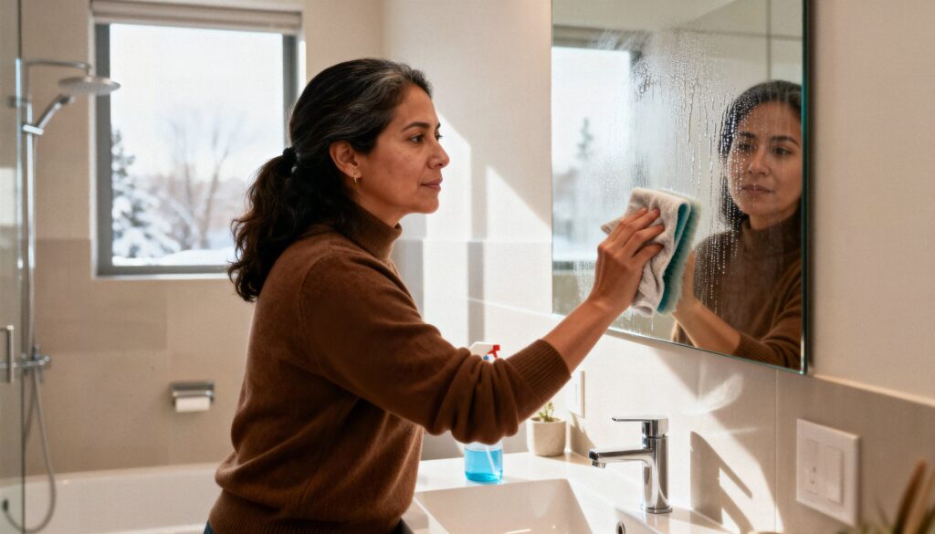 winter cleaning methods humidity control cleaning in a bathroom with a Hispanic mom wiping moisture-prone surfaces