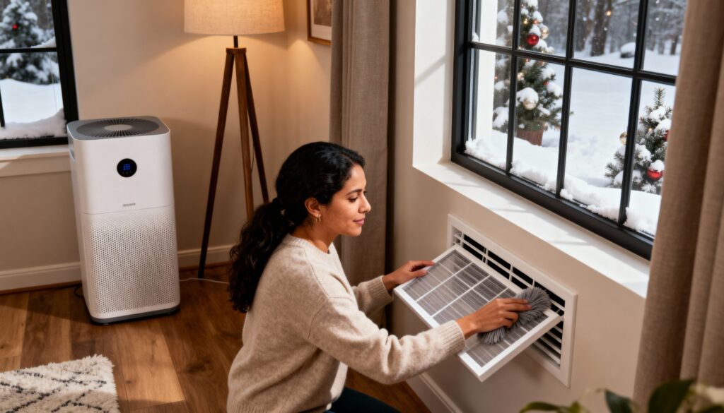 winter cleaning methods air quality blitz with a Hispanic mom replacing an HVAC filter