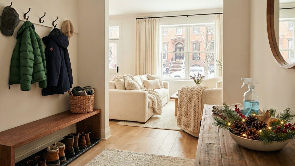 winter cleaning methods illustrated in a cozy winter home interior with organized entryway and soft natural light