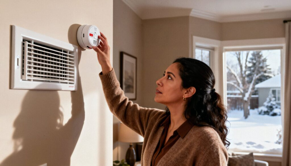 winter cleaning methods safety and maintenance check with a Hispanic mom testing a smoke detector