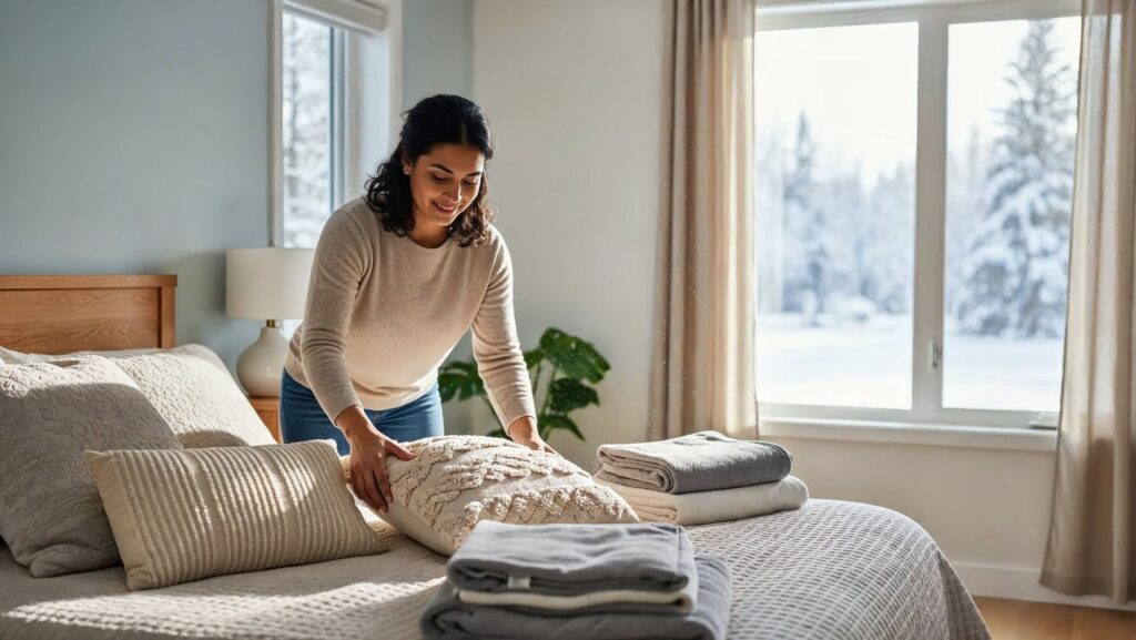 winter cleaning methods shown with a Hispanic mom tidying a cozy bedroom during the room rotation method