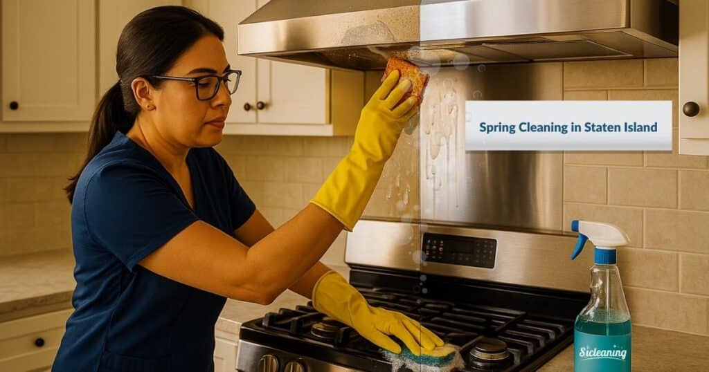 Professional kitchen spring cleaning – degreasing stove and exhaust hood in Staten Island