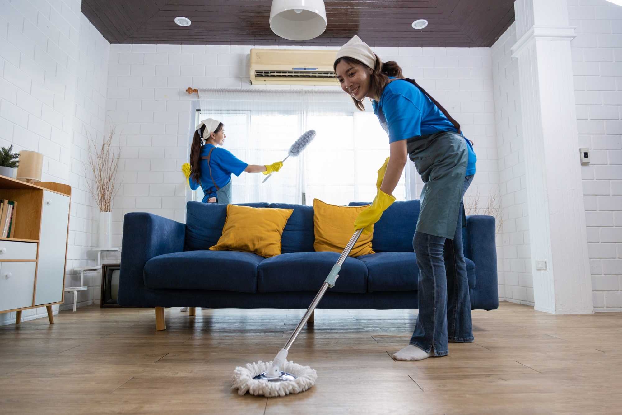 Cleaning professionals performing residential house cleaning in Staten Island living room