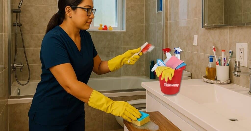 Professional spring cleaning of bathroom in Staten Island by Sicleaning expert wearing gloves and scrubs.