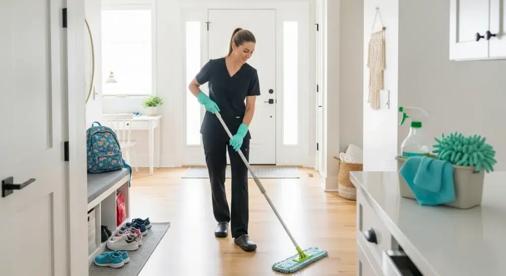 Back-to-school deep cleaning in a Staten Island home with professional cleaner in black scrubs, organized backpacks, and eco-friendly supplies.