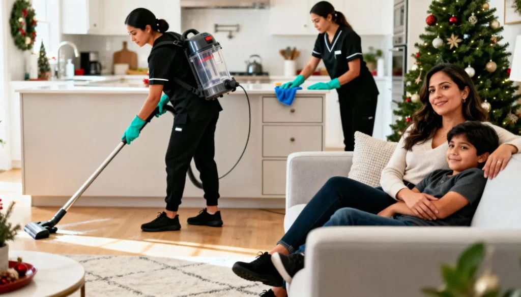 Hispanic family relaxing in their clean holiday-ready Staten Island home while professional holiday cleaning Staten Island specialists work in the background.