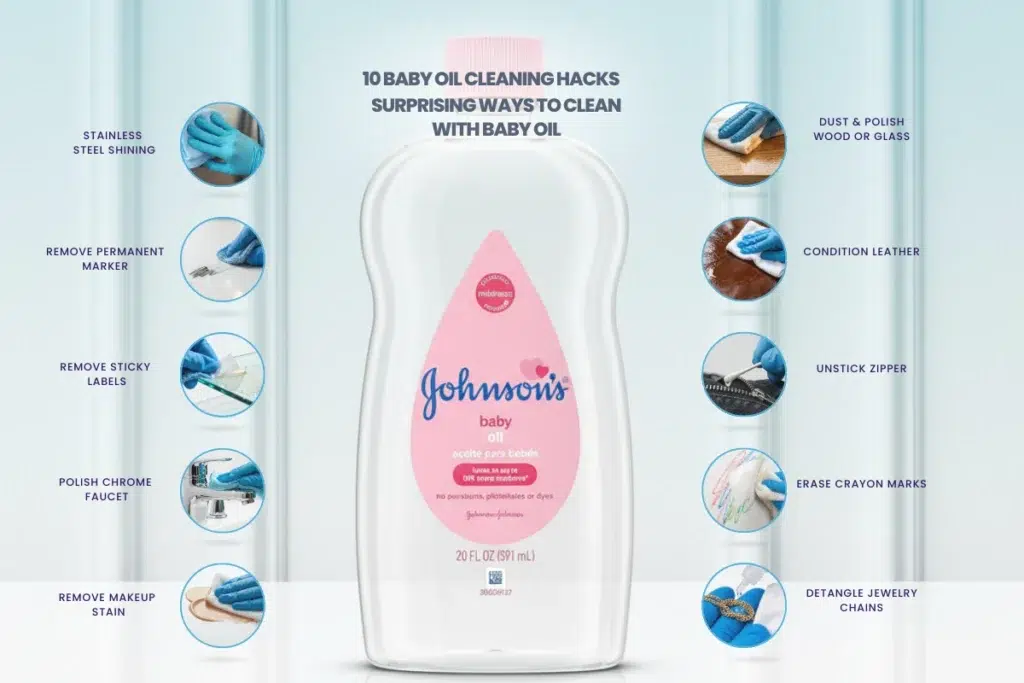 baby oil cleaning hacks infographic for stainless steel and home cleaning