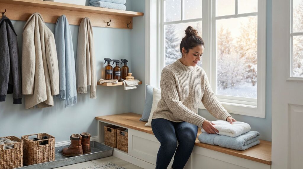 winter cleaning methods entryway scene with a Hispanic mom folding towels in a cozy winter home