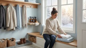 winter cleaning methods entryway scene with a Hispanic mom folding towels in a cozy winter home